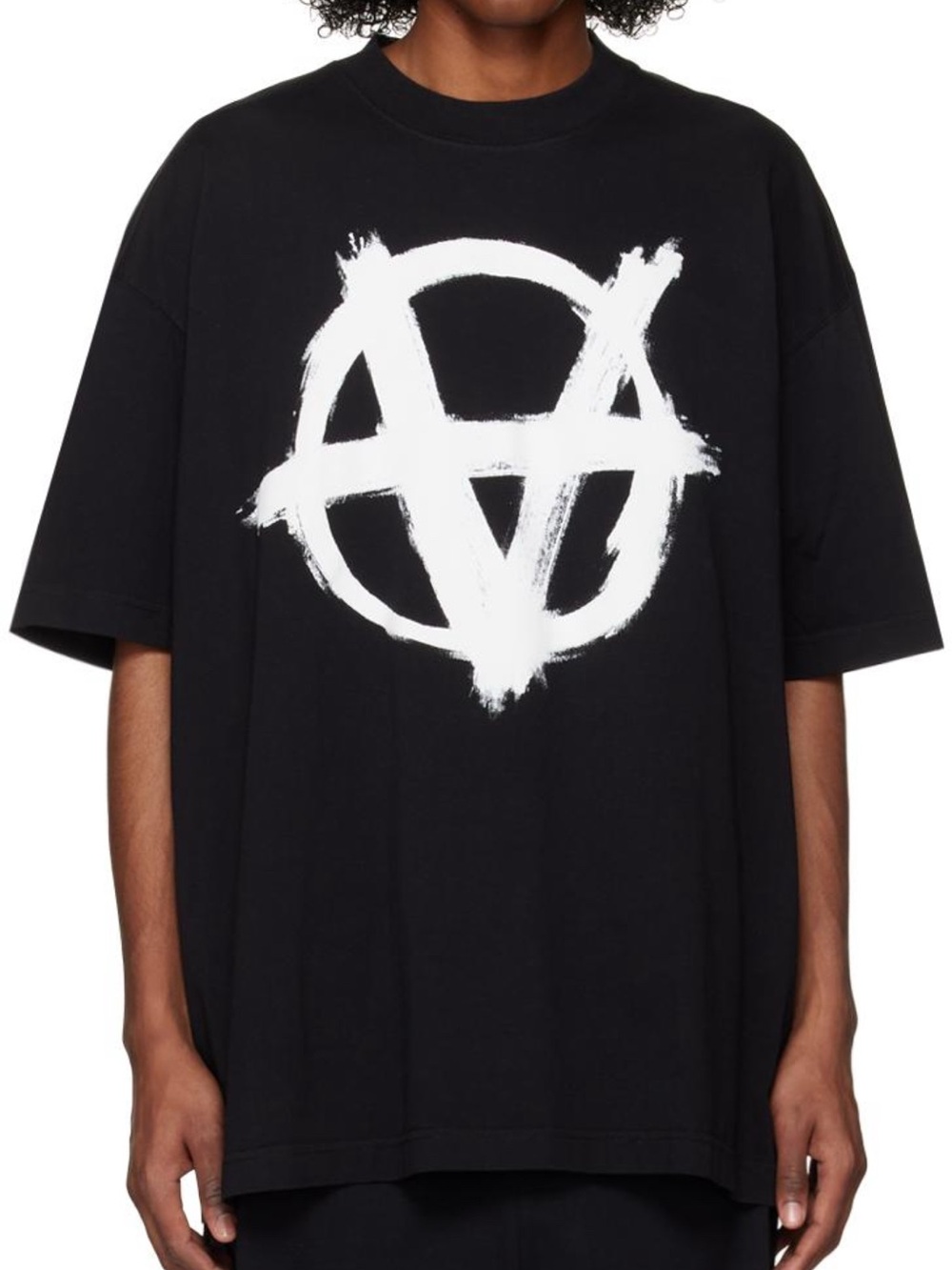 Vetements Black Oversized Tee with White Brushstroke Anarchy Graphic